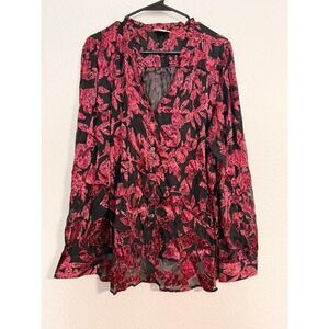 J.Jill L-Tall Burnout Velvet Floral Blouse Red Black Sheer Mesh Blouse Top